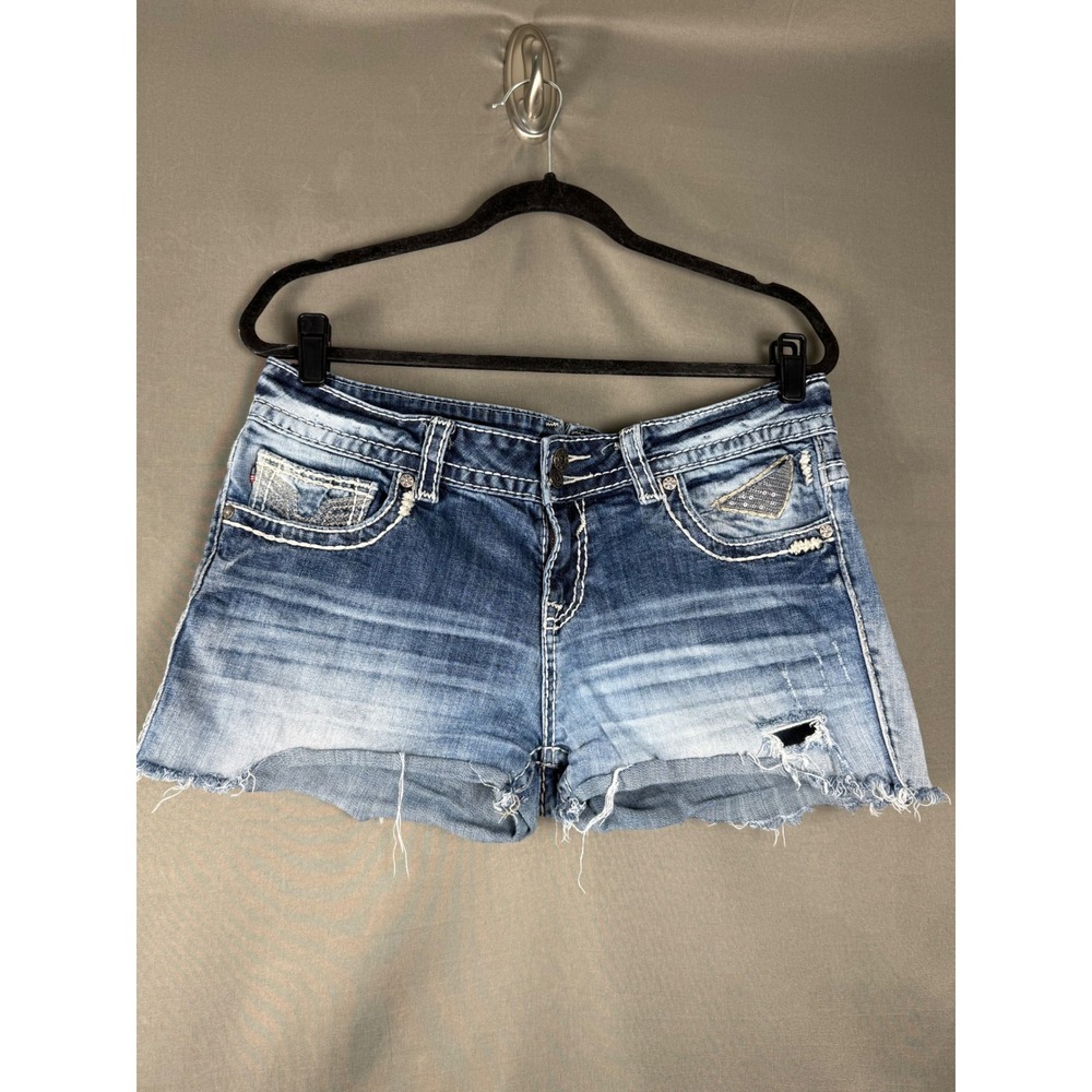 Vigoss Denim Shorts Womens 31 Blue Distressed Sequin Embellished Cut Off Chelsea